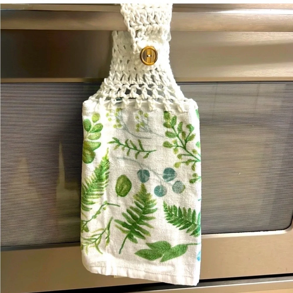 Hand Crafted Colorful Green Leaf Print Kitchen Hanging Hand Towel